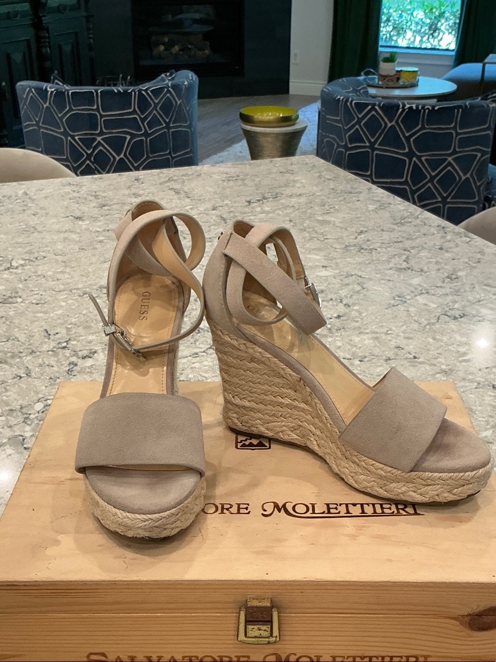 GUESS Taupe Suede Espadrille Wedge Sandals with Ankle Wrap